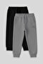 Standard Fit Basic 2-Pack Black-Grey Melange Boys' Tracksuit Bottom - 11224