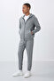Gray Melange Compact Cotton Thick Smooth Textured Hooded Comfort Fit Men's Tracksuit Set - 85262 - 5
