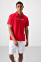 Red Breathable Textured Slim Flexible Standard Fit Polo Neck Men's T-Shirt - 88393 - 4