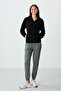 Black Thick Soft Textured Stand Collar Standard Fit Embroidered Fleece Women's Sweatshirt - 97293 - 4