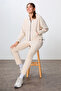 Beige Thick Soft Textured Hooded Comfortable Fit Embroidered Fleece Women's Tracksuit Set -95338