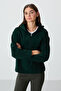 Pine Green Thick Soft Textured Hooded Standard Fit Embroidered Fleece Women's Sweatshirt -97286 - 2