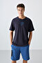 Navy Blue Cotton Thick Soft Textured Oversize Fit Printed Men's T-Shirt - 88333 - 4