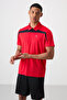 Red Breathable Textured Slim Stretchy Standard Fit Polo Neck Men's Performance T-Shirt - 88392 - 4