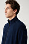 Men's Navy Blue Basic Mock Neck Fleece Cardigan E001069 - 2