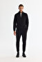 Men's Black Stand Collar Zippered 3 Thread Raised Sweatshirt E 001020 - 5
