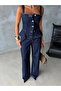 Women's Denim Two-Piece Set Peplum Bustier Top and Wide-Leg Jeans