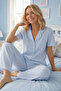 Blue White Striped Crinkle Fabric Short Sleeve Pajama Set 4464 - 6