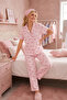 Pink Ribbon Patterned Crinkled Fabric Short Sleeve Pajama Set 6064 - 2