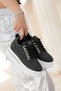 Black Faux Leather White Sole Lace up Women's Sports Shoes