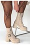Beige Nubuck Zippered Women's Heeled Boots with Lace Detail