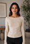 Women's Beige Boat Neck Long Sleeve Basic Blouse - 2