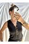 Women's Black Color V-Neck Low-Cut Buttoned Lined Body Blouse - 8