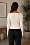 Women's Ecru Boat Neck Long Sleeve Basic Blouse - 4