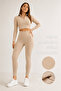 Beige High Waist Ribbed Tightening Leggings with Fleece Inside Beige - 2
