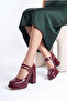 Women's Special Double Buckle / Hard Hat Design Ankle Strap Burgundy Patent Leather Platform Heeled Shoes - 2