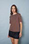 Cotton Short Sleeve Contrast Crew Neck T-Shirt Brown - 3