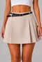 Women's Beige High Waist Belted Pleated Skirt with Shorts Look Mini Skirt Woven Fabric Comfortable Fit