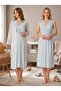 New Season Blue Patterned Buttoned Breastfeeding-Friendly Design Wide Strap Lace Detailed Maternity Nightgown Set - 6