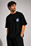 Unisex Du Noir Printed Oversize 100% Cotton Wide Cut Textured Crew Neck Black T-Shirt - 2