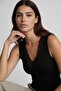 Women's Sleeveless Lace Ribbed Black V-Neck Blouse - 2