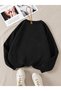 Women's Colorful Flowers Branch Printed Sleeve Detailed Comfortable Fit Crew Neck Black Sweatshirt - 2