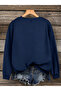 Women's Pink Zampak Flower Sleeve Printed Comfortable Fit Crew Neck Navy Blue Sweatshirt - 2