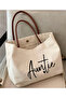 Women's Ecru Canvas Auntie Written Shoulder Bag Large Volume Brown Handle Daily Tote Bag