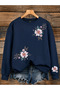 Women's Pink Zampak Flower Sleeve Printed Comfortable Fit Crew Neck Navy Blue Sweatshirt