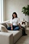 Women's Crew Neck Ribbed Ecru Bat Sleeve Blouse - 2