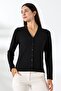 Women's Buttoned V-Neck Ribbed Black Long Sleeve Blouse