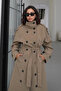 Women's Belted Apolet Collar Water-Repellent Fabric Long Trench Khaki - 4