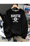 Women's Manhattan Estd 1898 Printed Comfortable Fit Crew Neck Black Sweatshirt