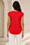 Women's Red Jacquard Patterned Short Sleeve Blouse with Metal Accessory Detail - - 3