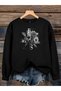 Women's Special Design Rose and Text Printed Graphic Comfortable Fit Crew Neck Black Sweatshirt