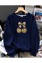 Women's Ribbon Cherry Design Printed Comfortable Fit Crew Neck Navy Blue Sweatshirt