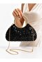 Moon Case Black Sequined New Model Evening Dress Bag with Stone Handle and Chain, Gold Case