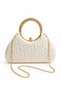 Moon Case White Sequined New Model Evening Dress Bag with Stone Handle and Chain, Gold Case - 2