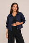 Women's Navy Blue Oversize, Polo Collar, Snap Fasteners, Cotton Gabardine, Short Seasonal Jacket
