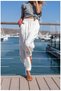 Women's White Linen Mesh Bohemian Trousers, Shalwar, Elastic Waist, Pockets, Buttoned Cuffs, Pinterest - 3