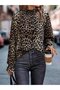 Women's Long Sleeve Gipe Detailed Turtleneck Leopard Pattern Single Jersey Blouse - 6