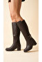 Leather Look Stretch Back Zipper Long Boots with Thick Medium High Heel - 3