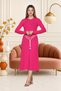 Women's Fuchsia Corduroy Long Sleeve Crew Neck Midi Dress with Belt Detail - 4