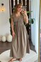Women's V-Neck Dress with Tie Detail and Rubber Detail, Khaki - 2
