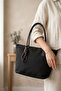 Large Size Hand and Shoulder Bag with Linen Keychain, Black - 2