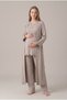 Women's Beige Double-Breasted Collar Breastfeeding Detailed Long Sleeve Maternity Pajama Set with Dressing Gown - 3