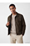 Khaki Regular Fit Shirt Collar Men's Suede Coat