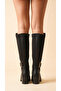 Leather Look Stretch Back Zipper Long Boots with Thick Medium High Heel - 4