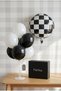 Black and White Checkered Patterned Round Balloon Stand Set |   Transparent 7-Piece Stand + Checkered Foil Balloon 18” + 7 Latex Balloons