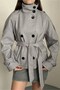Arven Standing Collar Belted Short Lined Checked Coat Gray - 4